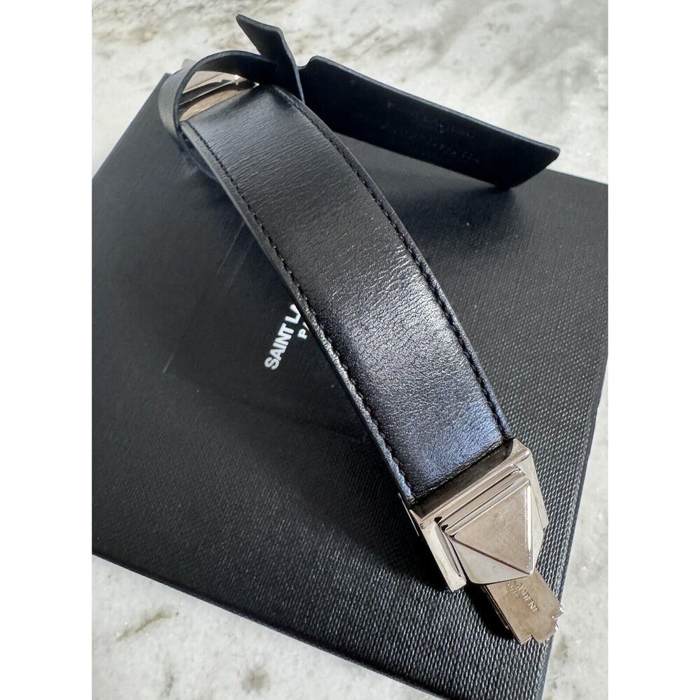 Auth Saint Laurent YSL Black Leather Stud Bracelet Small Sized Metal - Picture 10 of 16